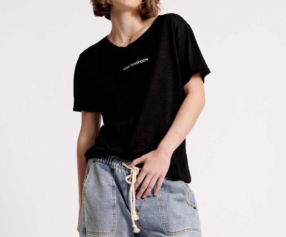 ONE TEASPOON LINEN WIDE NECK TEE BLACK