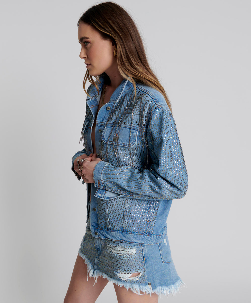 Outlet Sale Women's Denim Desert Jewel Denim Trucker Jacket - Vintage Blue