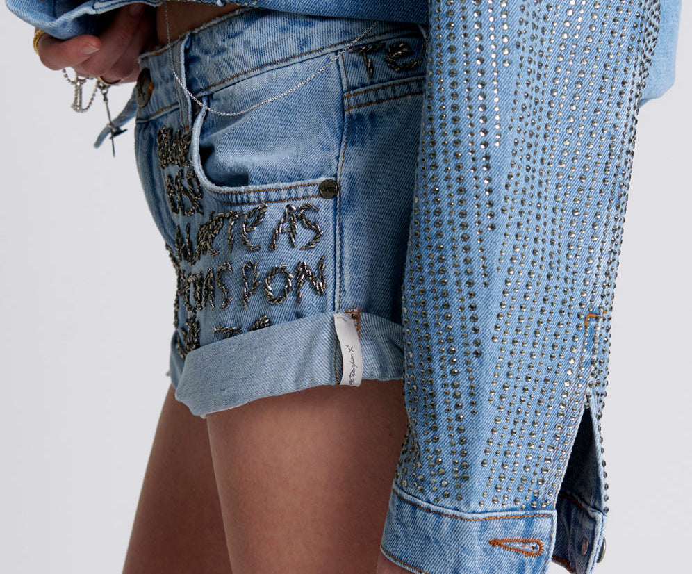 ONE TEASPOON HAND EMBELLISHED BANDIT LOW WAIST DENIM SHORTS