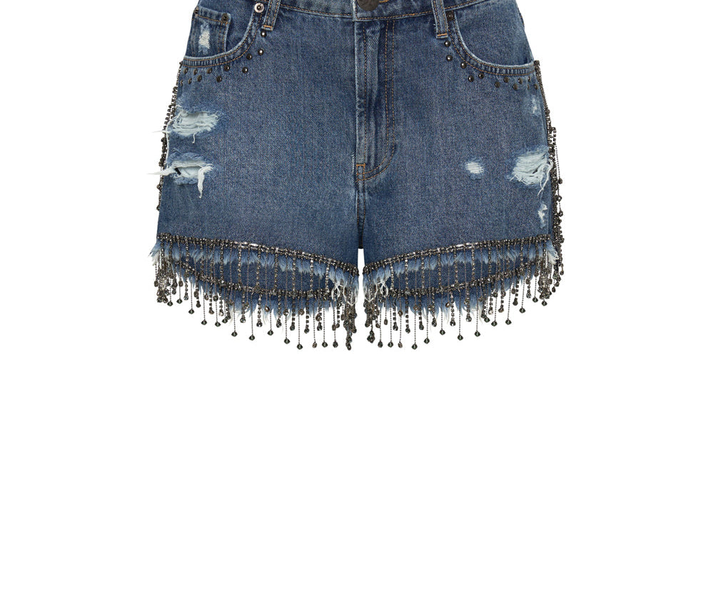 RAZZLE DAZZLE TRUCKERS MID WAIST RELAXED SHORTS BLUE