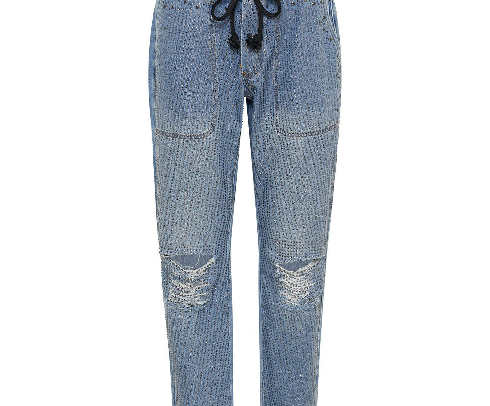 Shabbies Low Waist Drawstring Boyfriend Denim Jeans - Vintage Blue