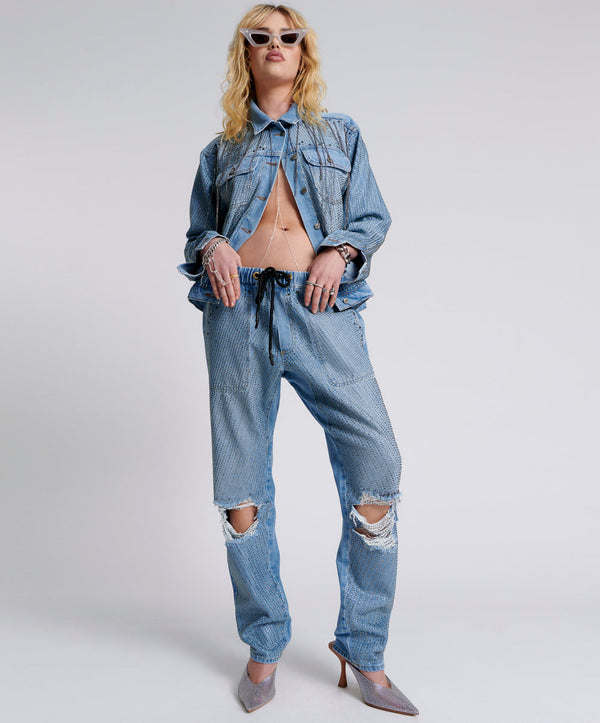 Shabbies Low Waist Drawstring Boyfriend Denim Jeans - Vintage Blue