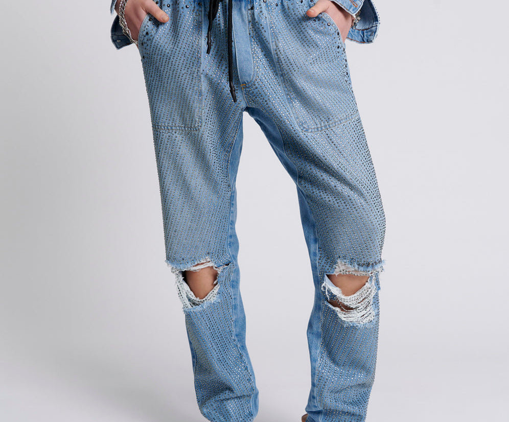 Shabbies Low Waist Drawstring Boyfriend Denim Jeans - Vintage Blue