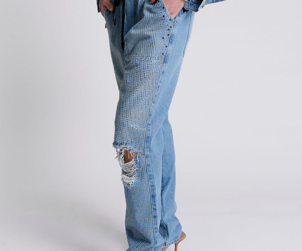 Shabbies Low Waist Drawstring Boyfriend Denim Jeans - Vintage Blue