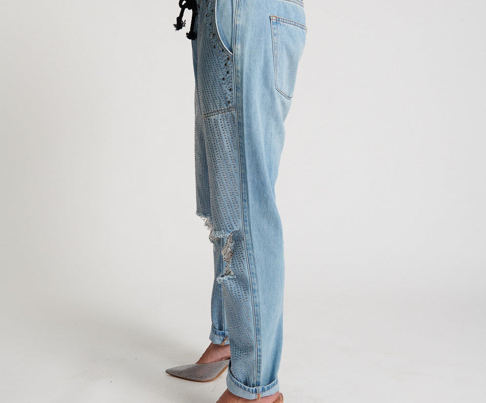 Shabbies Low Waist Drawstring Boyfriend Denim Jeans - Vintage Blue