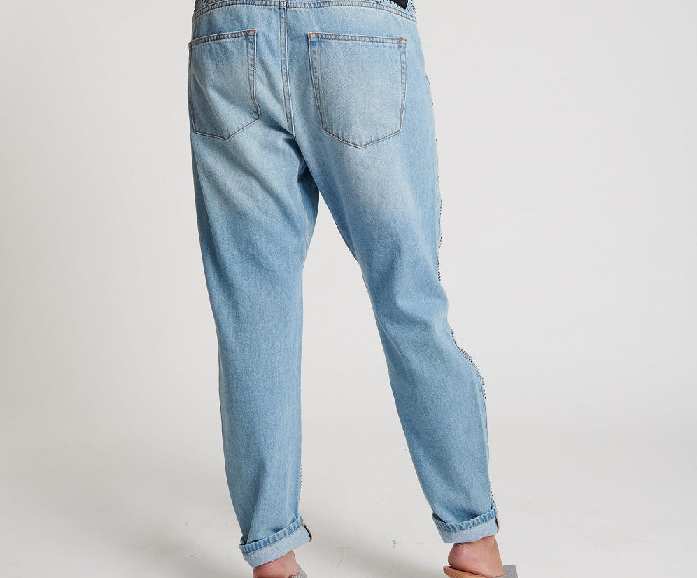 Shabbies Low Waist Drawstring Boyfriend Denim Jeans - Vintage Blue