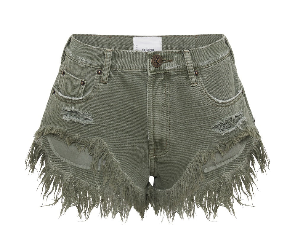 MILITARY KHAKI ROLLERS DENIM SHORTS