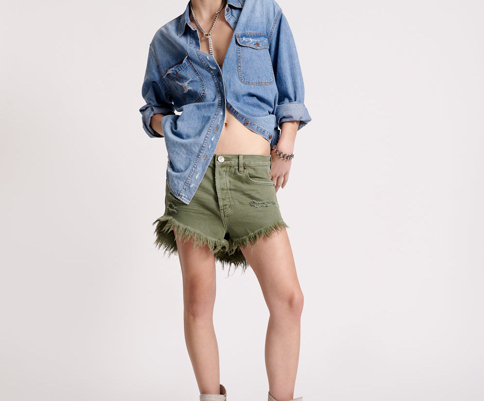 Outlaws Low Waist Mid Length Denim Shorts Military Khaki One
