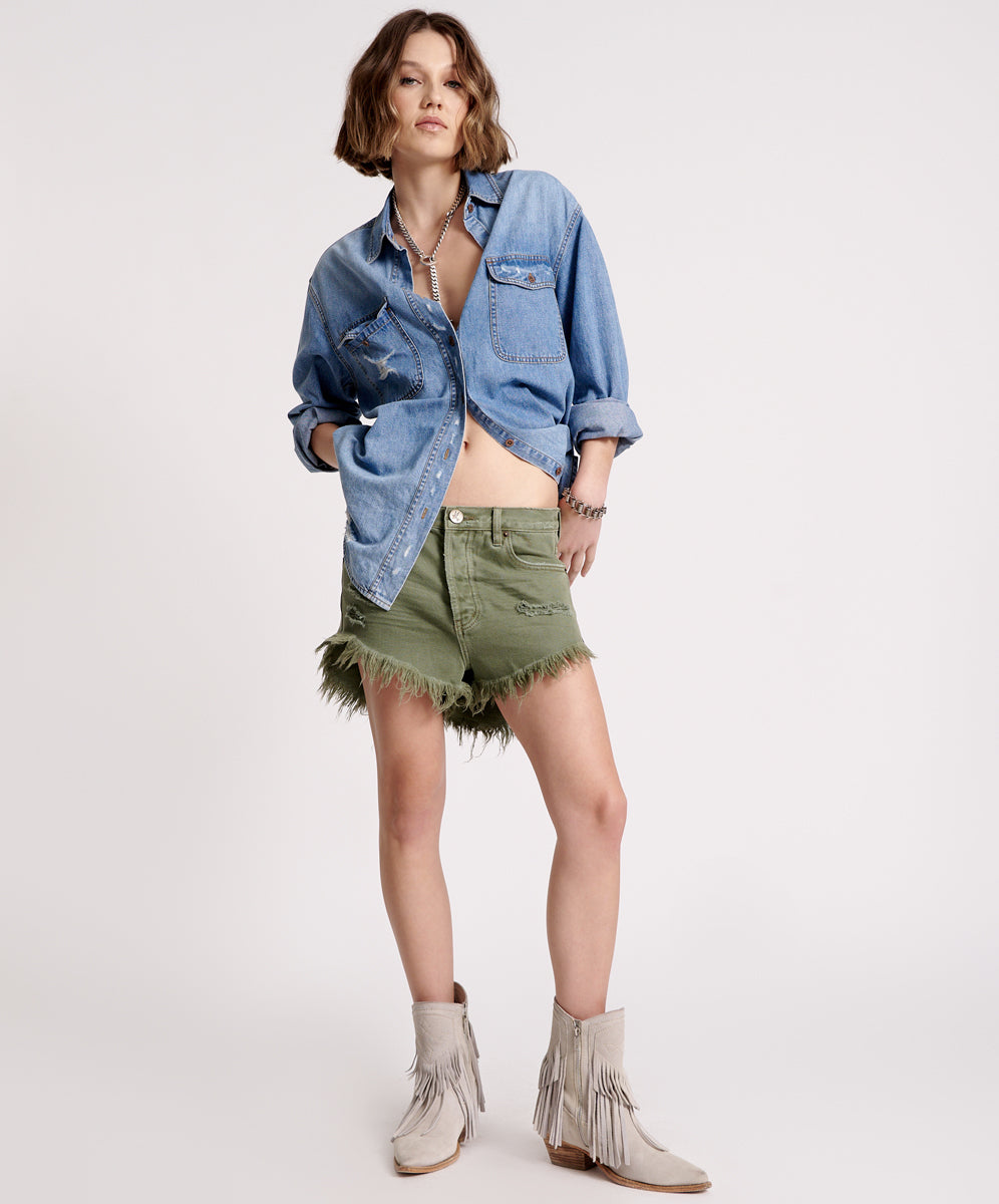 Women's Denim Shorts Outlaws Low Waist Mid Length Denim Shorts - Military Khaki