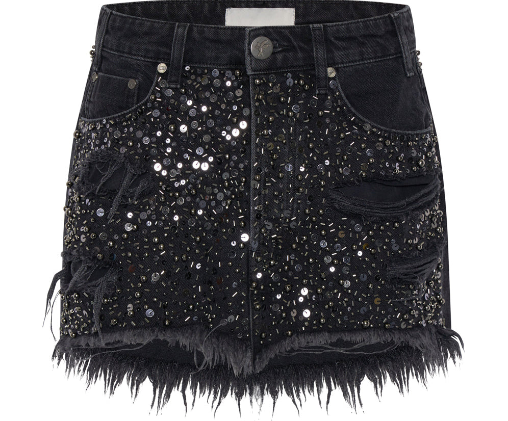 HAND BEADED JUNKYARD LOW WAIST DENIM SKIRT