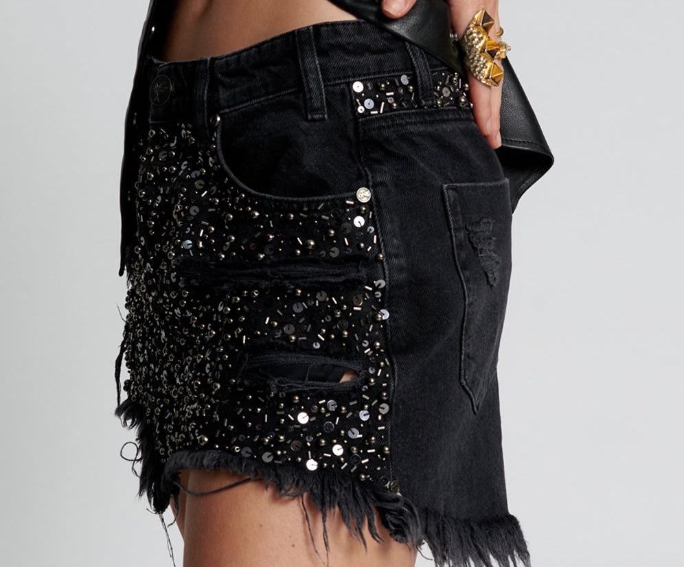 HAND BEADED JUNKYARD LOW WAIST DENIM SKIRT