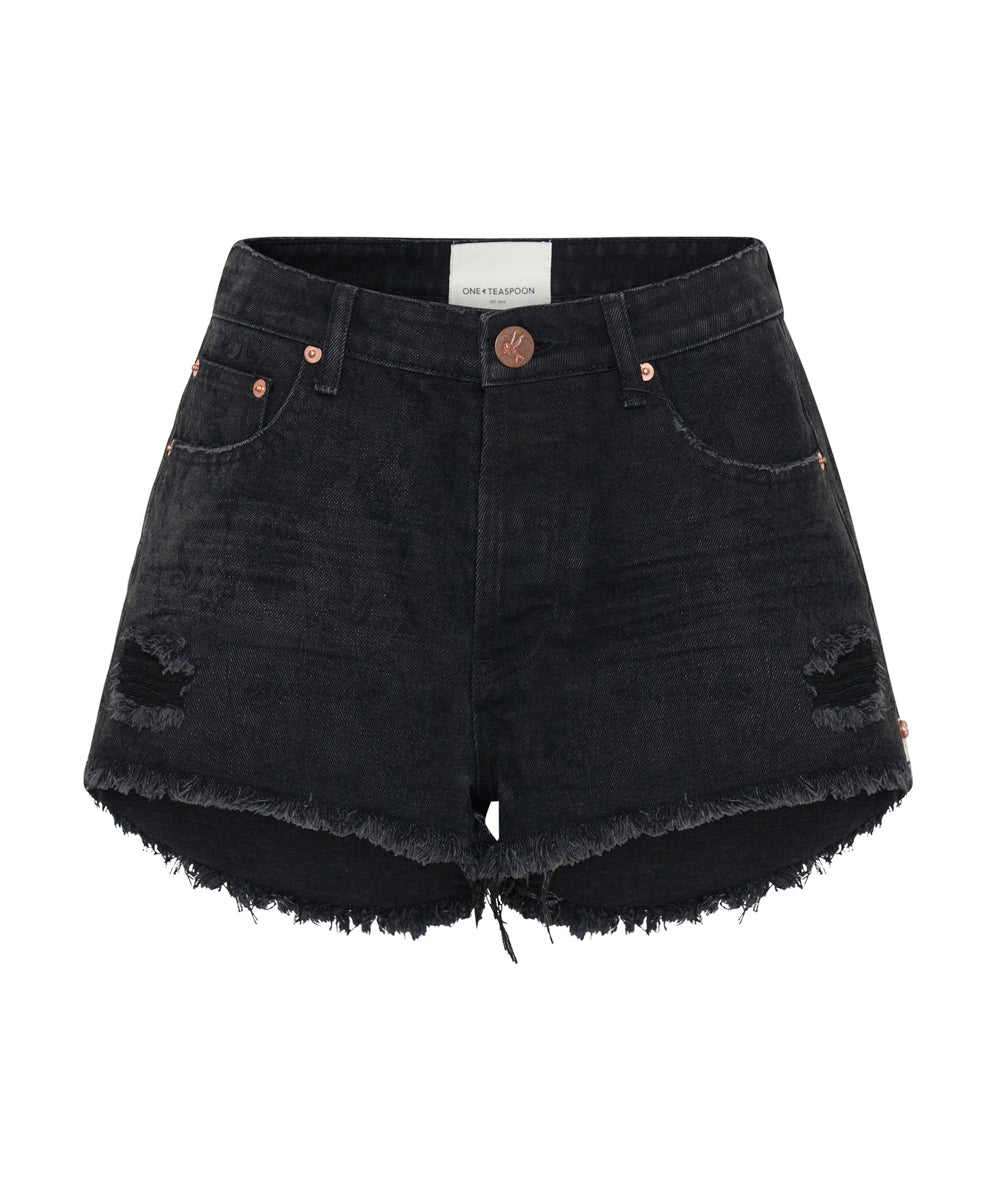 Le Wolves Mid Waist Mid Length Denim Shorts Black Lace