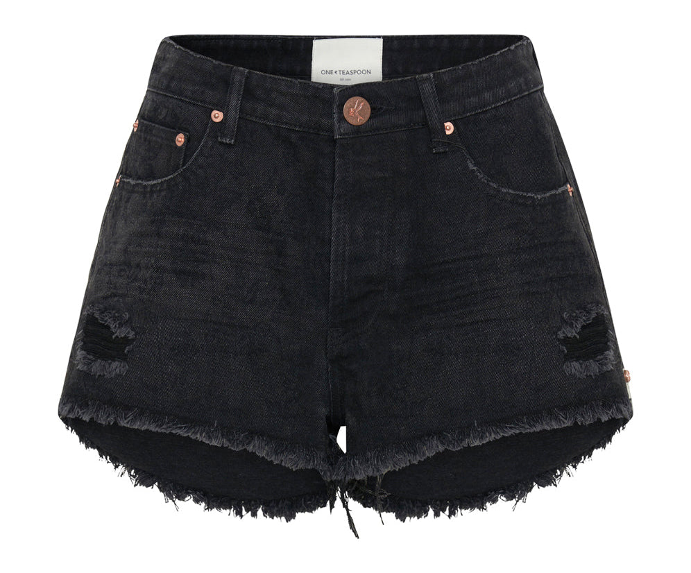 Le Wolves Mid Waist Mid Length Denim Shorts - Black Lace