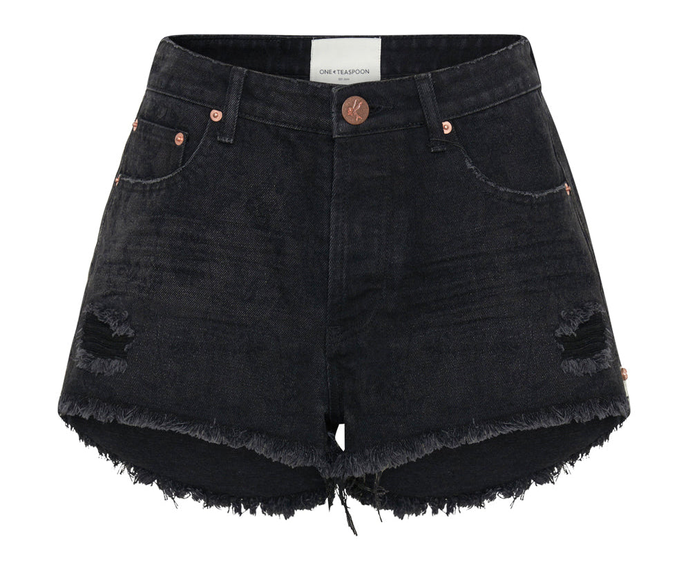 BLACK LACE LE WOLVES MID LENGTH DENIM SHORTS