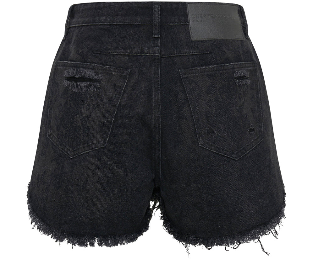 BLACK LACE LE WOLVES MID LENGTH DENIM SHORTS