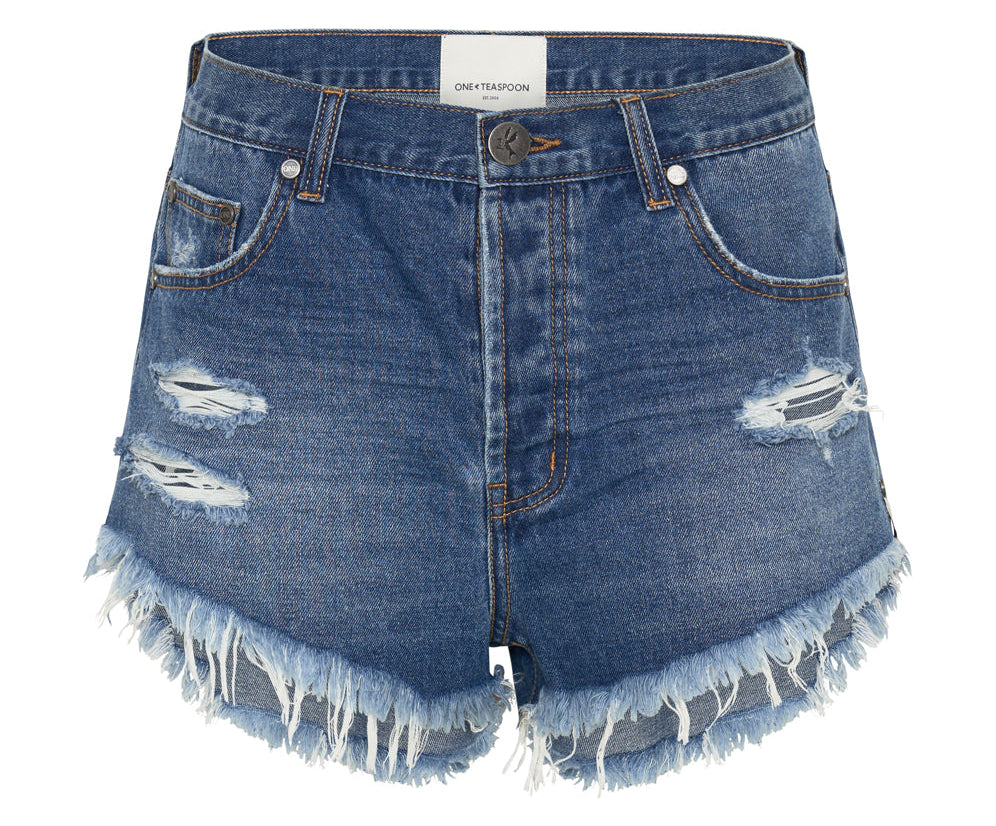 Outlaws Low Waist Mid Length Denim Shorts - Bay Blue