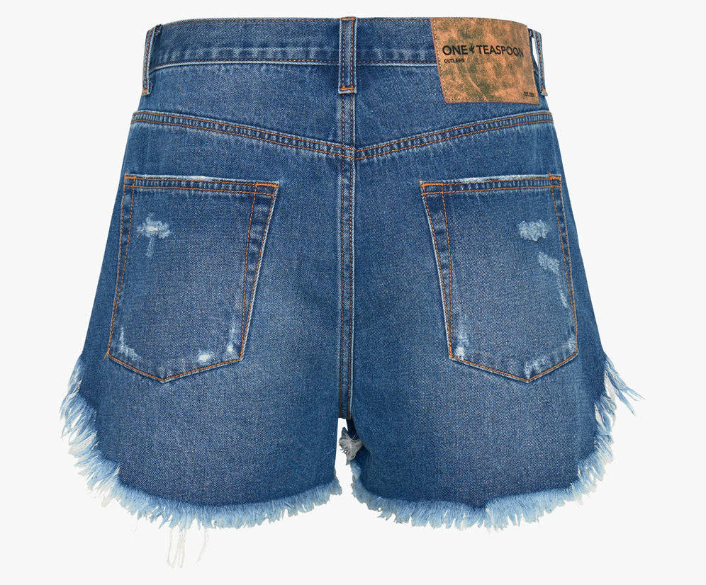 Outlaws Low Waist Mid Length Denim Shorts - Bay Blue
