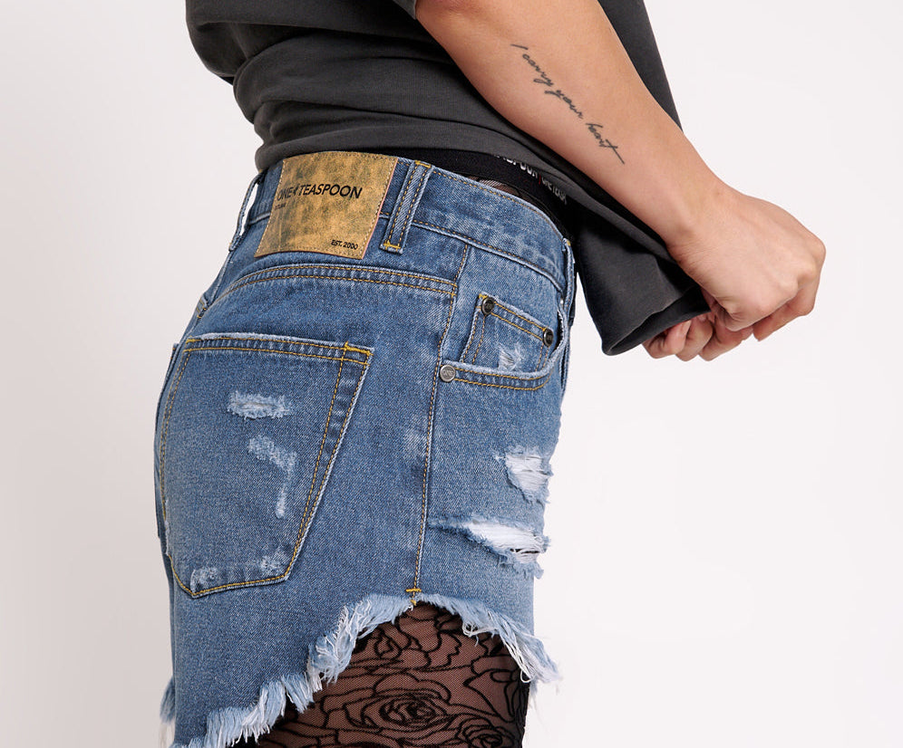 Outlaws Low Waist Mid Length Denim Shorts - Bay Blue