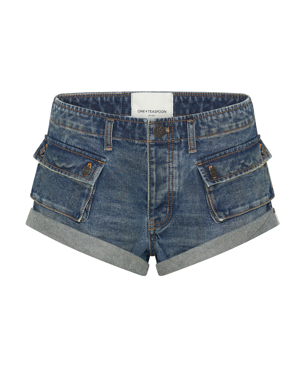 Products Cadet Bandits Low Waist Denim Shorts - Used Blue