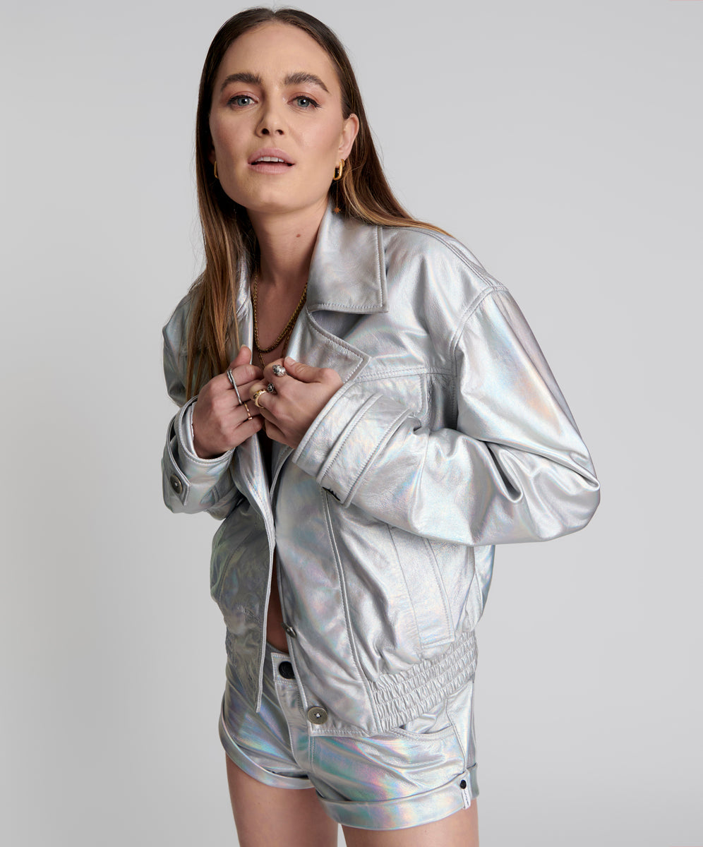 Last Stock REVENGE METALLIC LEATHER BOMBER JACKET