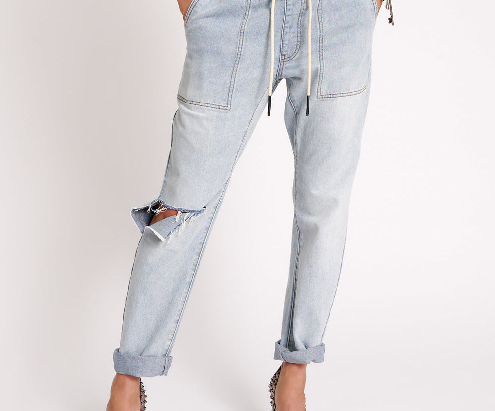 Shabbies Low Waist Drawstring Boyfriend Denim Jeans - Dream