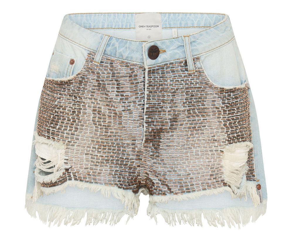 Le Wolves Mid Waist Mid Length Denim Shorts - Light Blue Wash