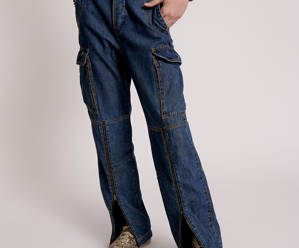 Zipped Cargo Motion Denim Jeans - Used Blue