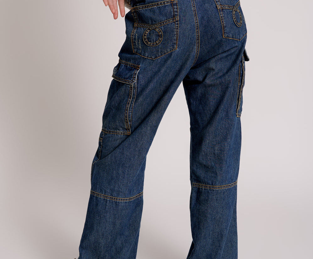 Zipped Cargo Motion Denim Jeans - Used Blue