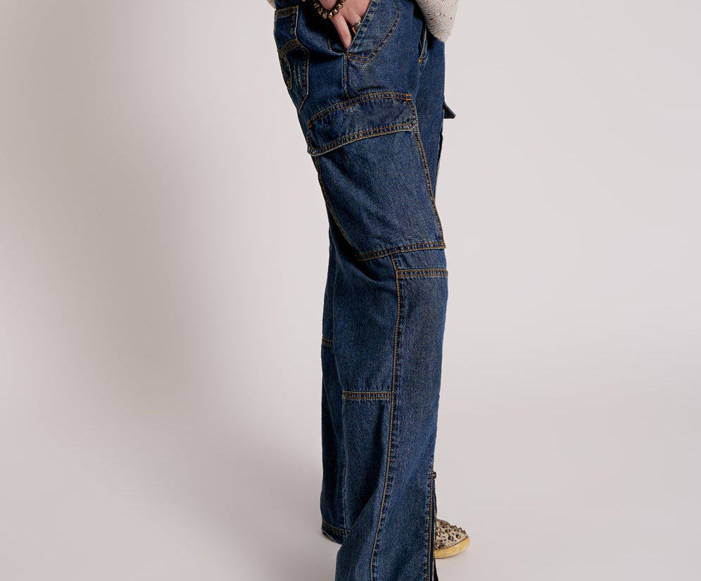 Zipped Cargo Motion Denim Jeans - Used Blue