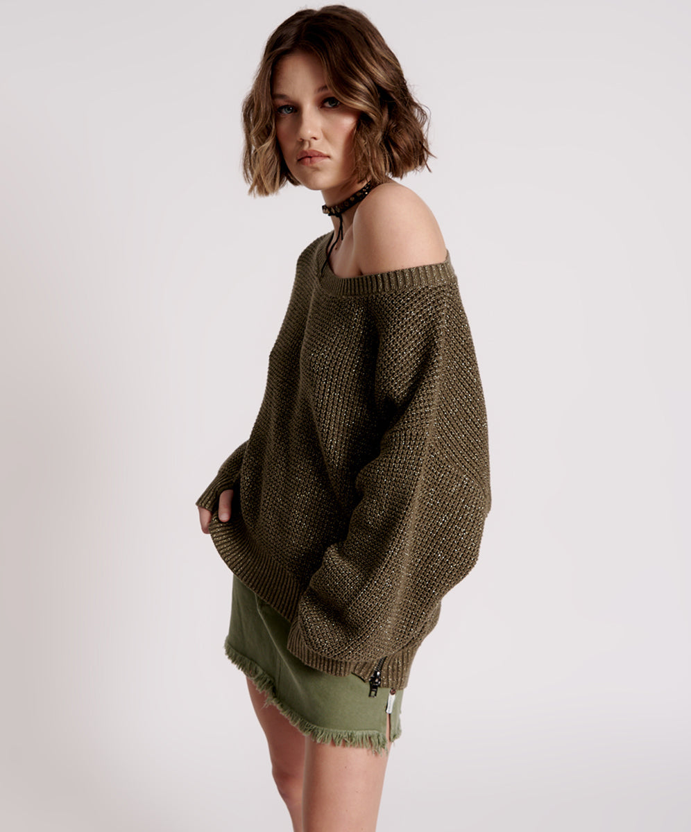 Products Le Freak Metallic Zipped Knit Sweater - Khaki
