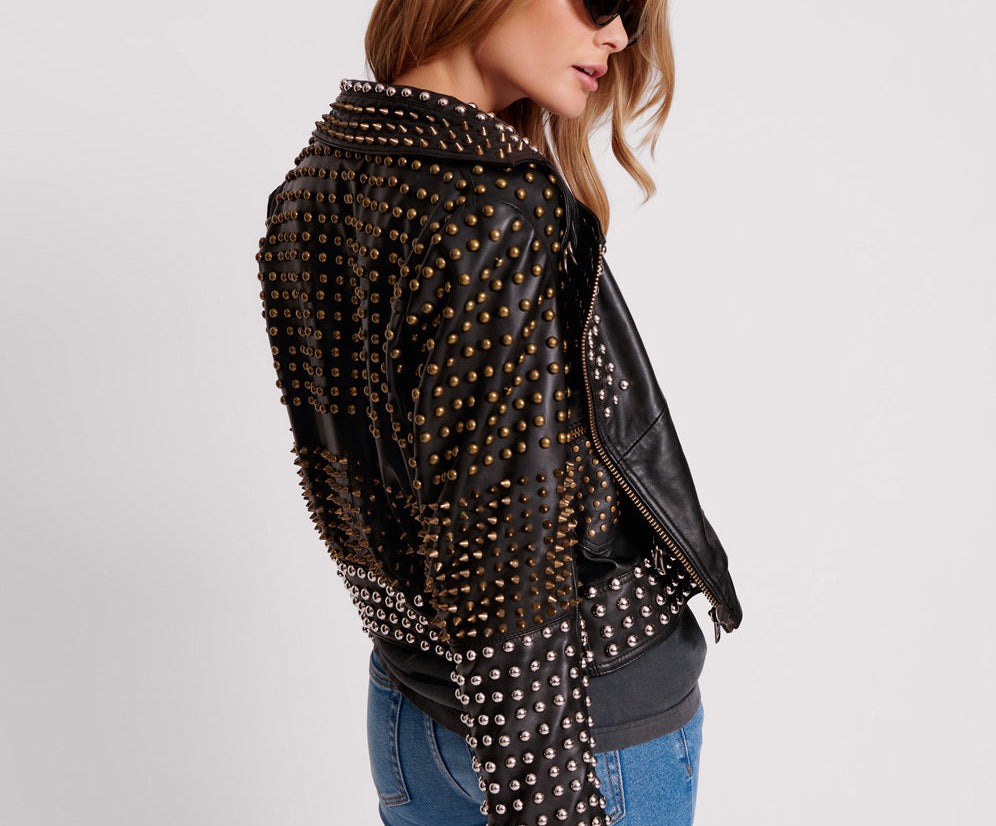 BLACK HELLRAISER STUDDED CROP LEATHER MOTO JACKET - One Teaspoon