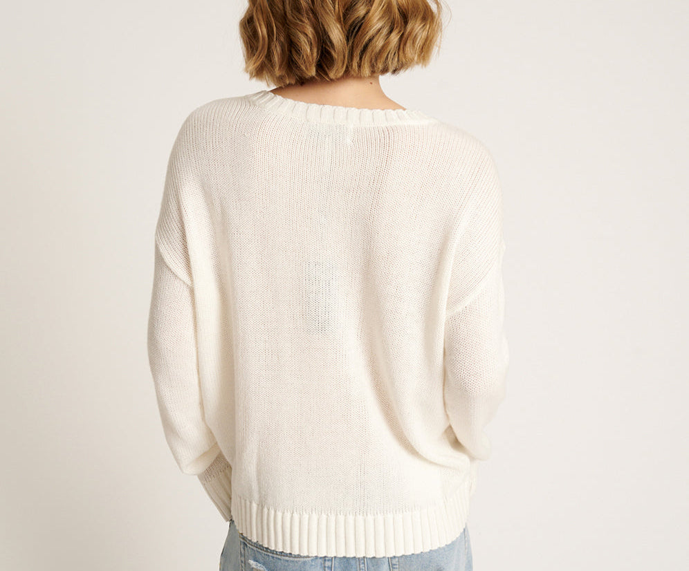 Classic Pocket Chunky Knit Sweater - White