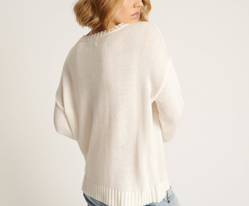 Classic Pocket Chunky Knit Sweater - White