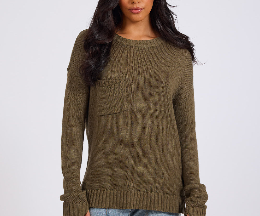 Classic Pocket Chunky Knit Sweater Khaki - Khaki
