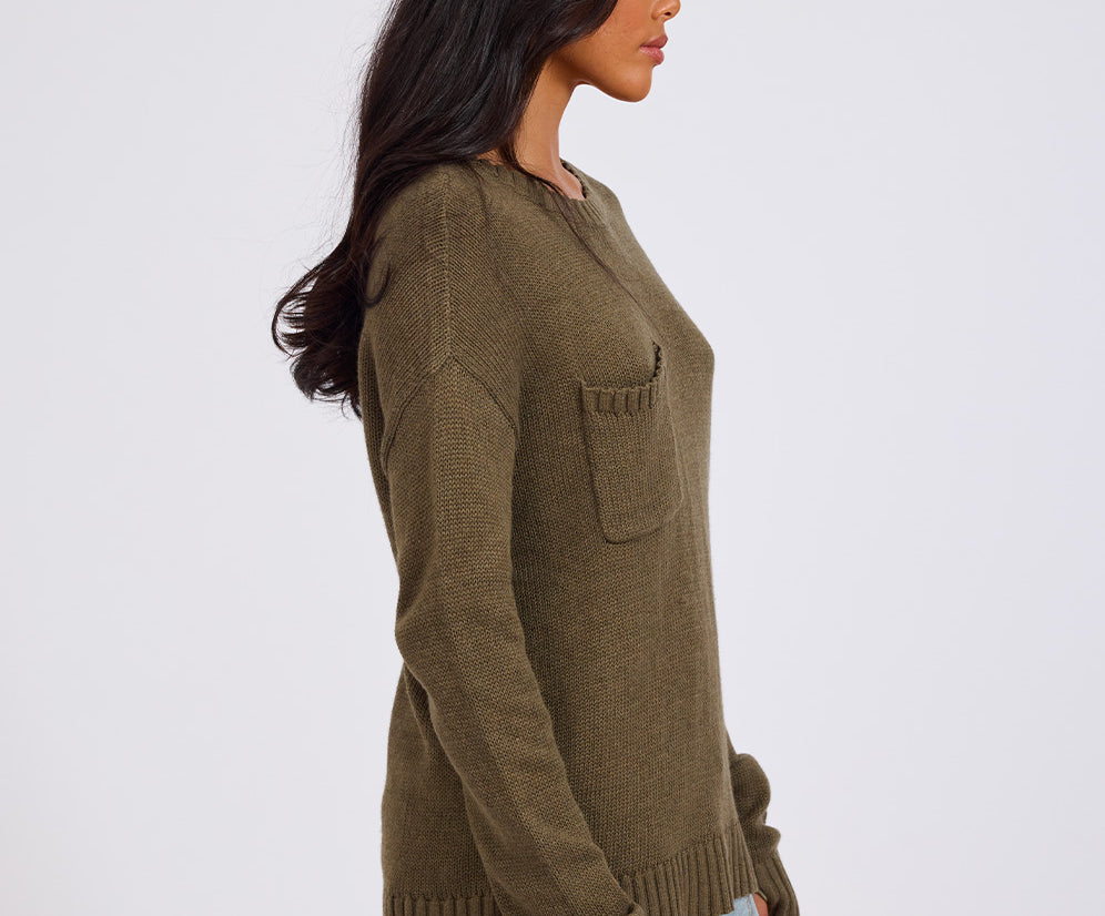 Classic Pocket Chunky Knit Sweater Khaki - Khaki