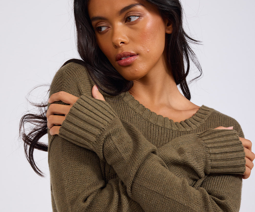 Classic Pocket Chunky Knit Sweater Khaki - Khaki