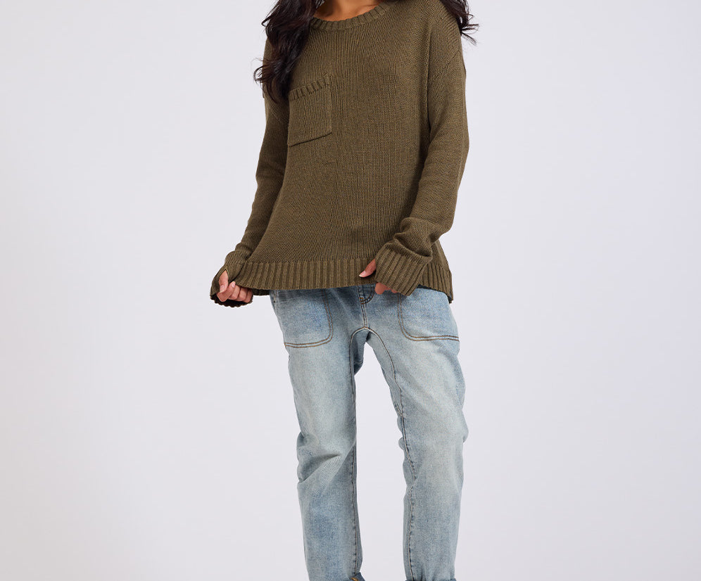 Classic Pocket Chunky Knit Sweater Khaki - Khaki