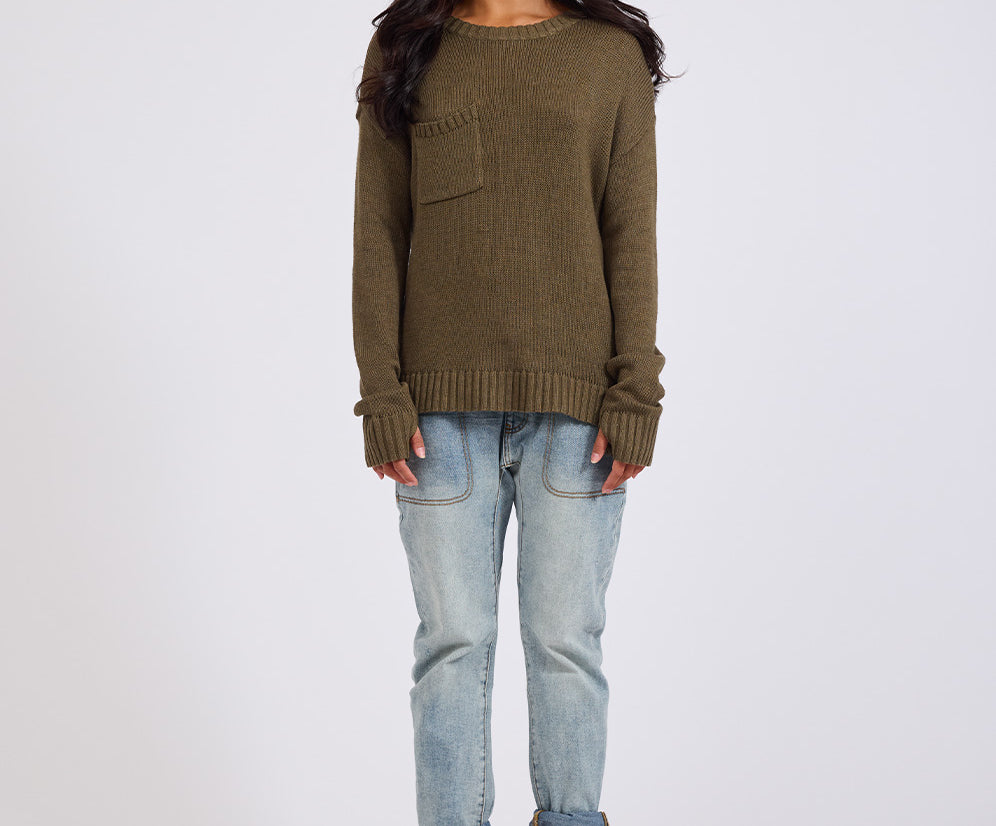 Classic Pocket Chunky Knit Sweater Khaki - Khaki