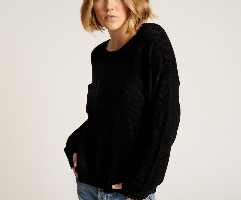 Classic Pocket Chunky Knit Sweater Black - Black
