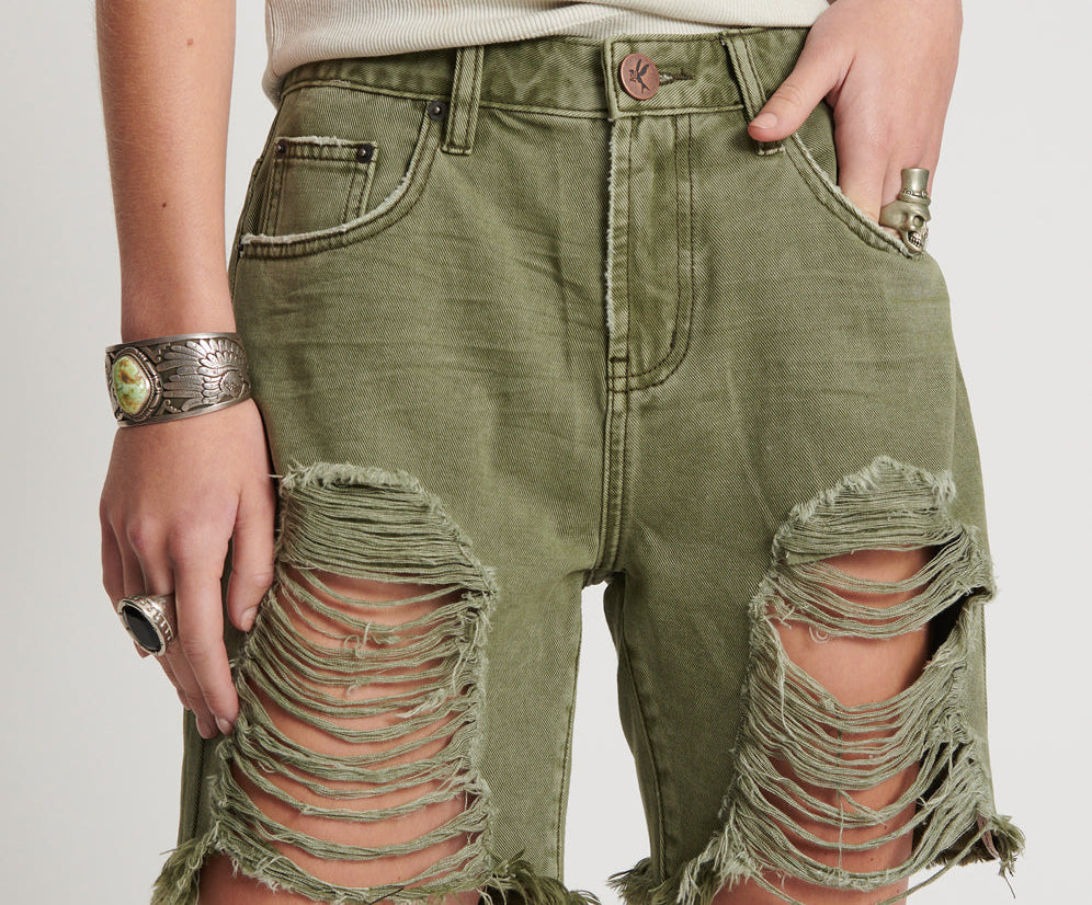 Stevies High Waist Long Length Boyfriend Denim Shorts - St Khaki