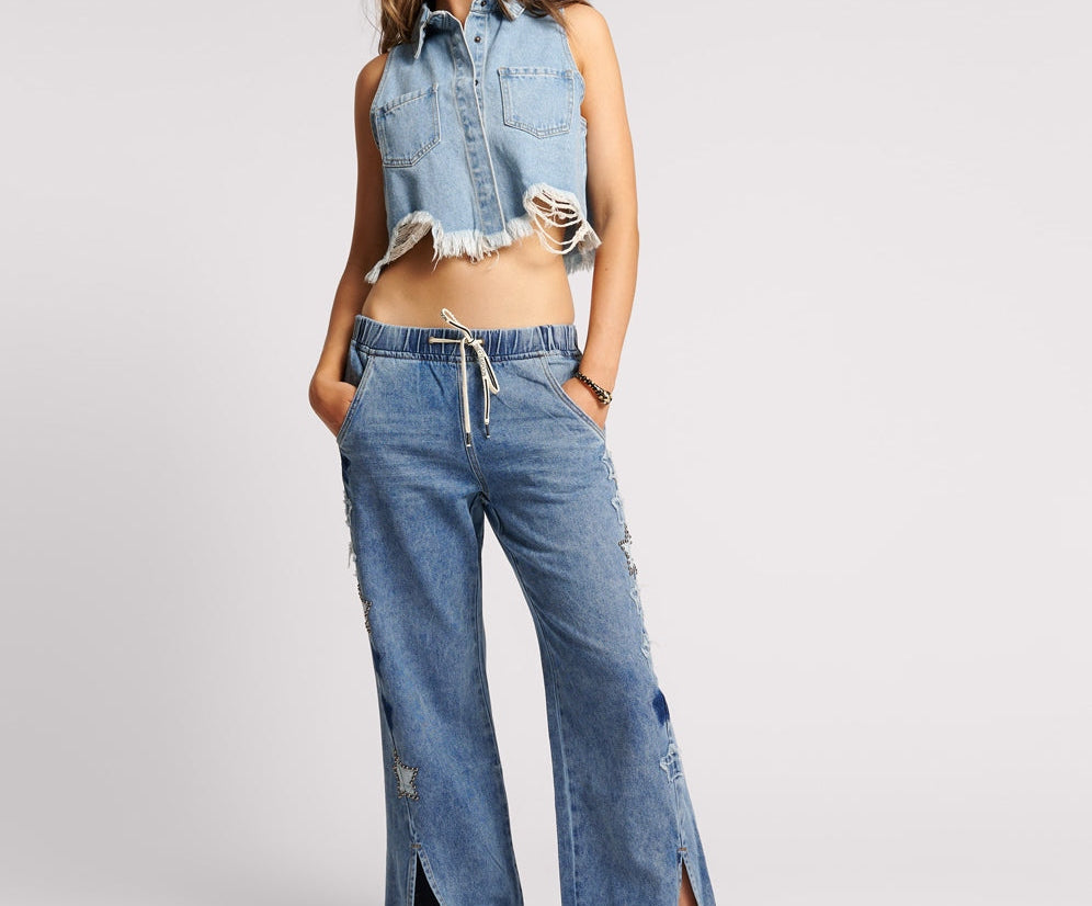 JOHNNY BLUE STAR ROADHOUSE WIDE LEG DRAWSTRING JEANS