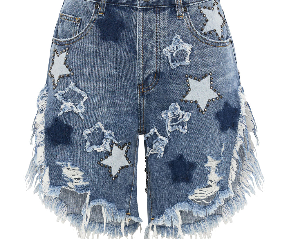 JOHNNY BLUE STAR HIGH WAIST FRANKIES LONG LENGTH DENIM SHORTS