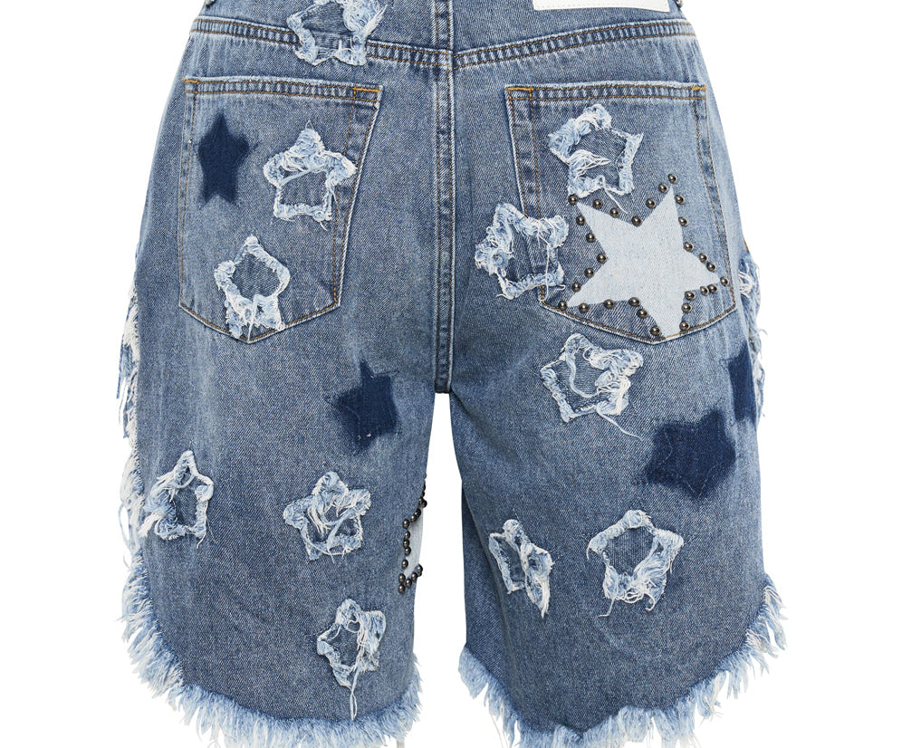 JOHNNY BLUE STAR HIGH WAIST FRANKIES LONG LENGTH DENIM SHORTS