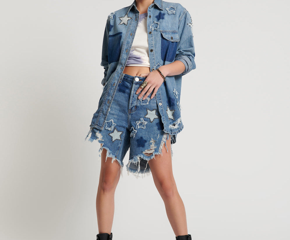 JOHNNY BLUE STAR HIGH WAIST FRANKIES LONG LENGTH DENIM SHORTS