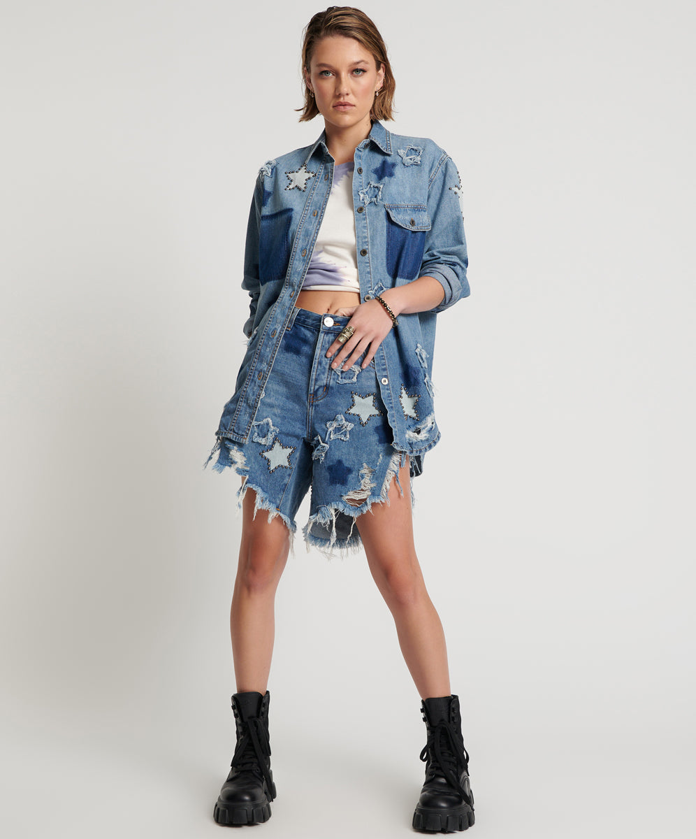 Products JOHNNY BLUE STAR HIGH WAIST FRANKIES LONG LENGTH DENIM SHORTS