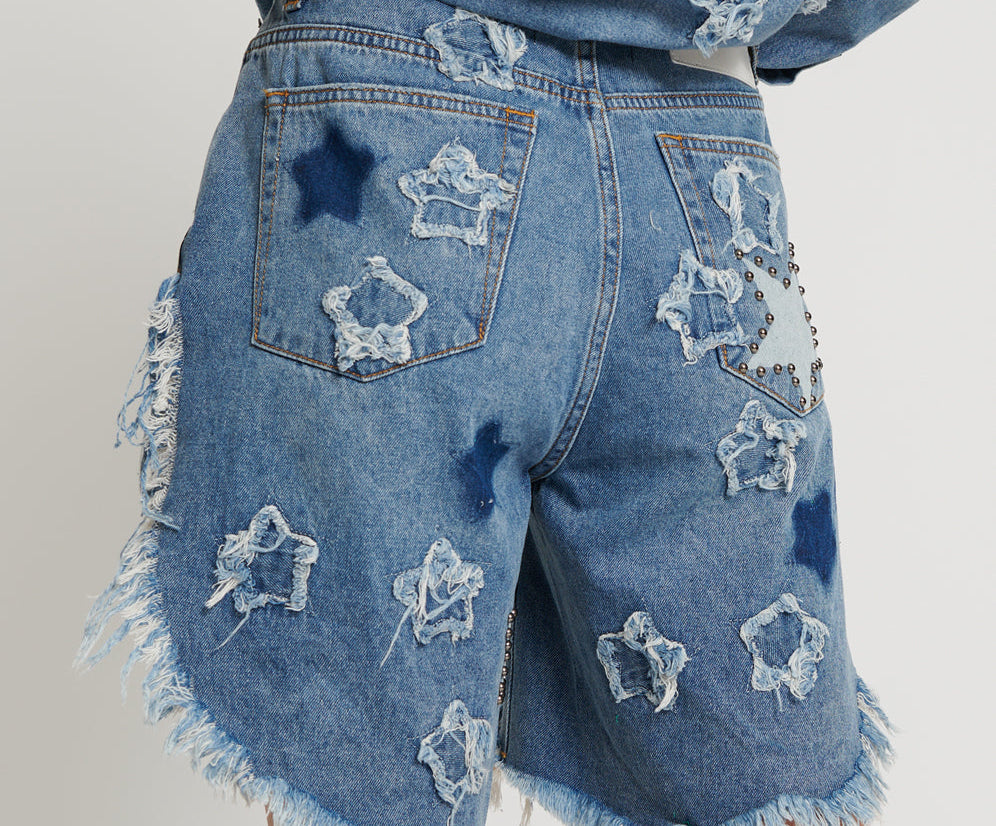 JOHNNY BLUE STAR HIGH WAIST FRANKIES LONG LENGTH DENIM SHORTS