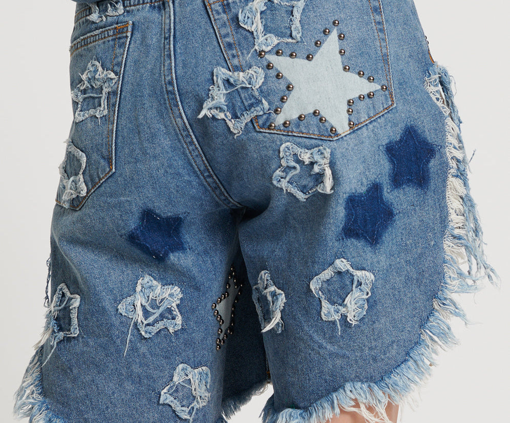 JOHNNY BLUE STAR HIGH WAIST FRANKIES LONG LENGTH DENIM SHORTS