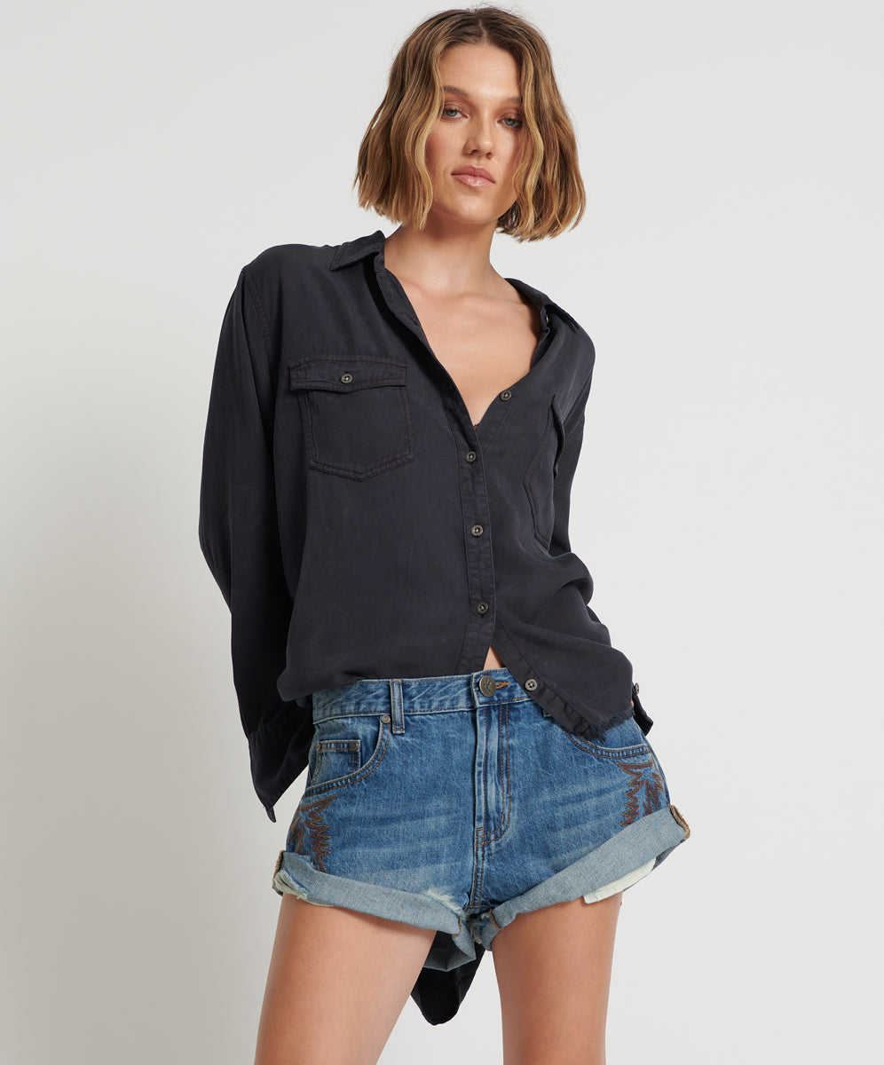 Products Bandits Low Waist Motif Denim Shorts - Westland Blue