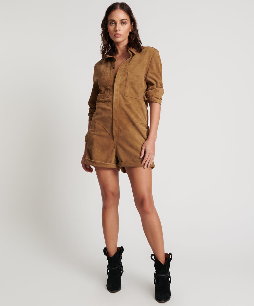 Last Stock TAN SUEDE PROPHECY JUMPSUIT