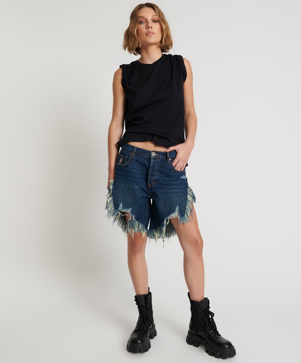 Products Frankies Low Waist Long Length Denim Shorts - Royal Blue